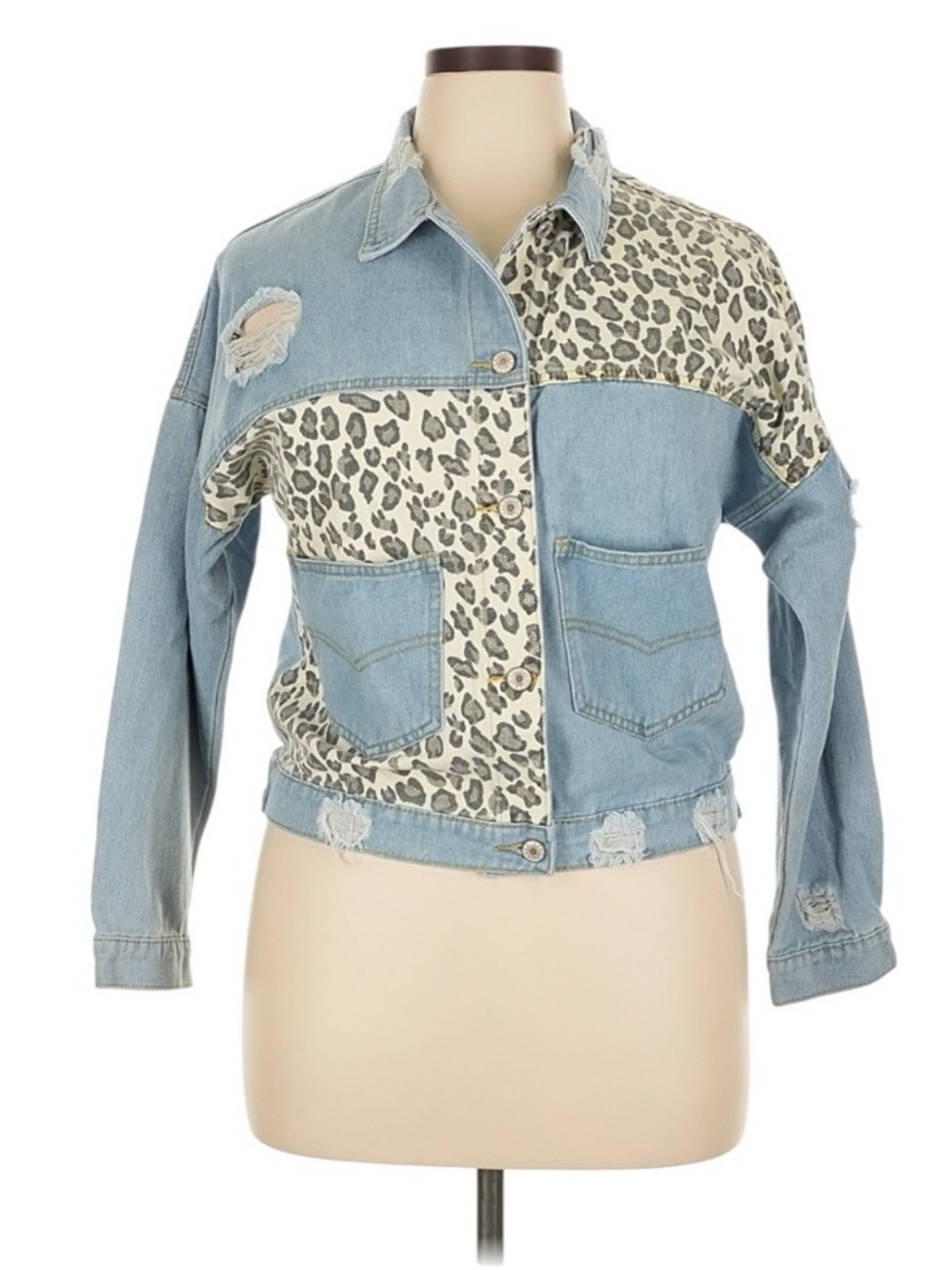 Y2K Leopard Patchwork Denim Jacket Cropped Distressed XL Streetwear - Picture 8 of 15